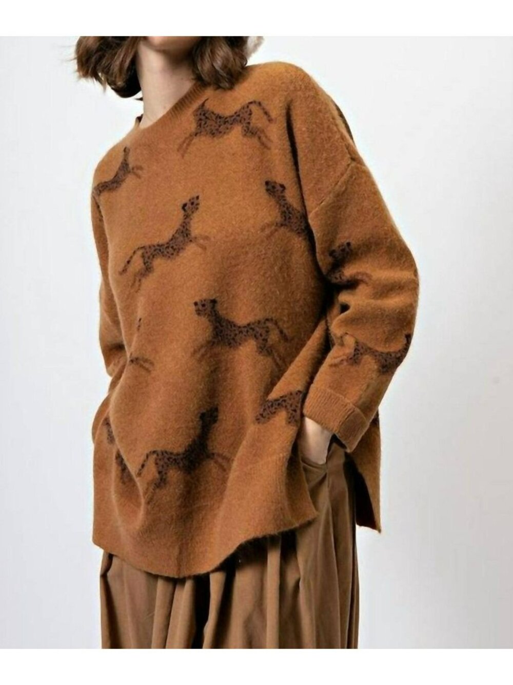 Easel Cheetah Print Drop Shoulder Round Neck Long Sleeve Pullover Sweater 1X